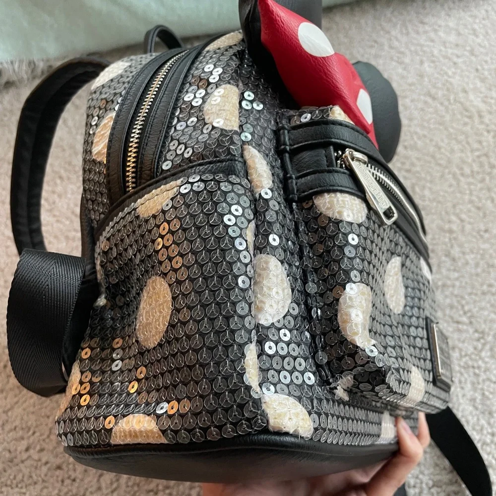 Disney Parks Loungefly Sequin Minnie Mouse Red Black Bow Polka Dots Backpack